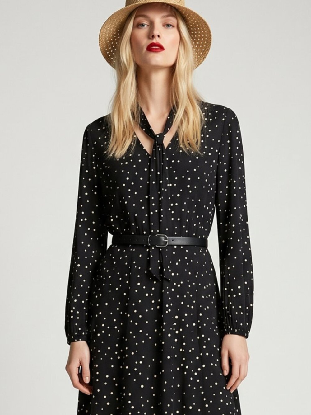 Polka Dot Viscose Tie Neck Classic Black Dress Cottagecore Brunch Minimalist